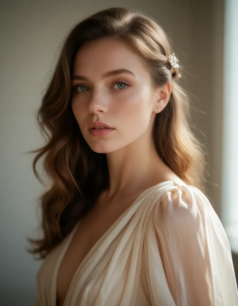 Jeune femme aux cheveux blonds et bruns mi-longs, vêtue d'une robe blanche fluide à manches transparentes, dans une lumière