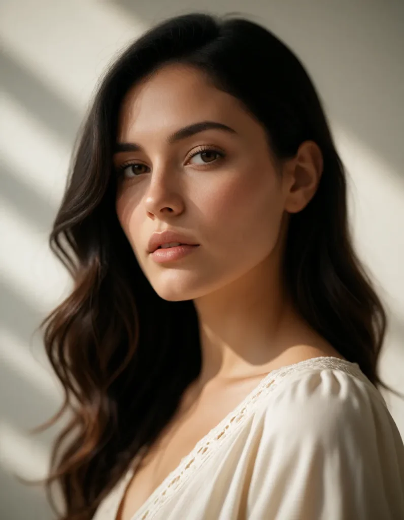 Jeune femme aux cheveux bruns lissés, vêtue d'une robe blanche en tissu fluide, éclairée par une lumière douce et contrastée
