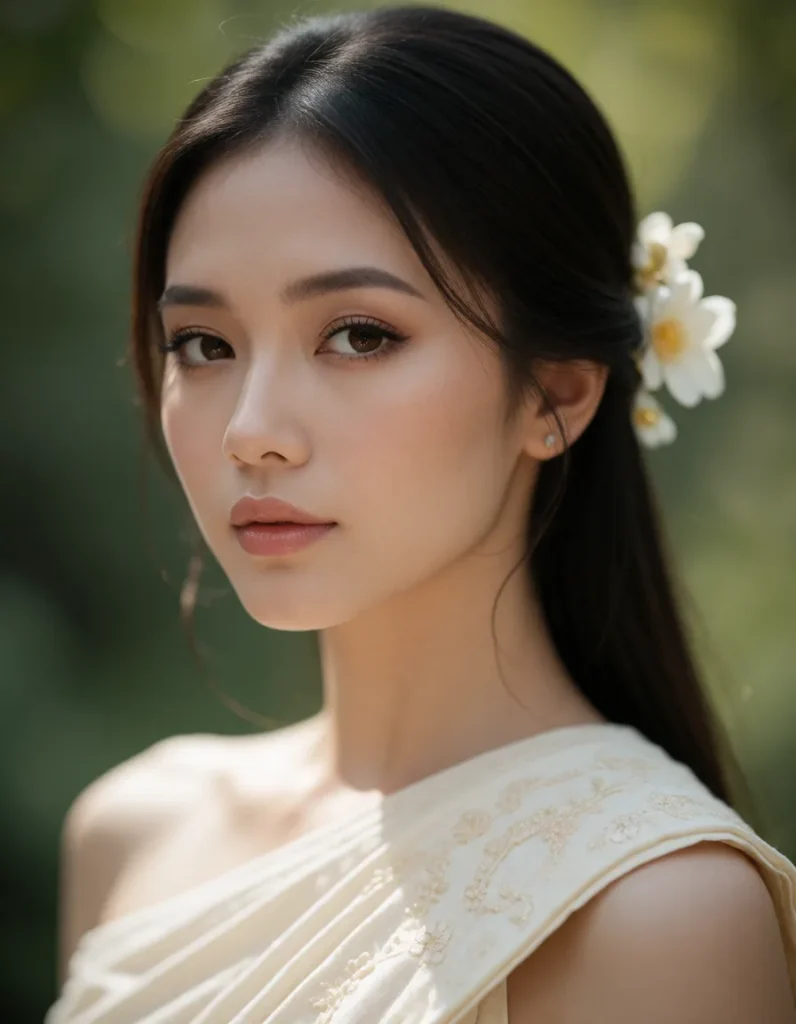 Jeune femme aux cheveux noirs lissés, robe blanche à broderies délicates, fond flou de feuillage vert et fleurs blanches