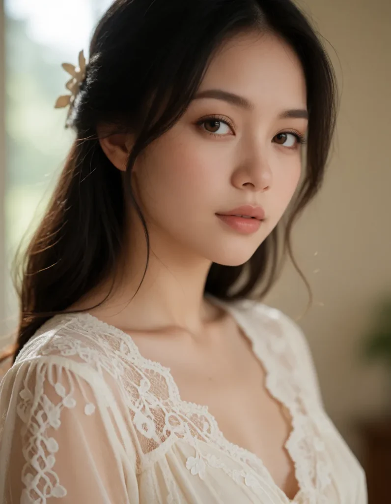 Jeune femme aux cheveux noirs lissés, robe à manches longues en dentelle blanche et tissu crème, collier de perles, fond