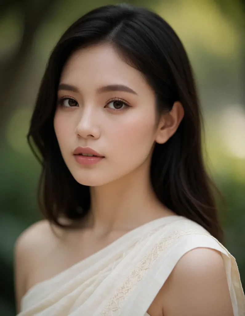 Jeune femme aux cheveux noirs lissés, vêtue d'une robe bustier en dentelle blanche, visage tourné vers la lumière naturelle