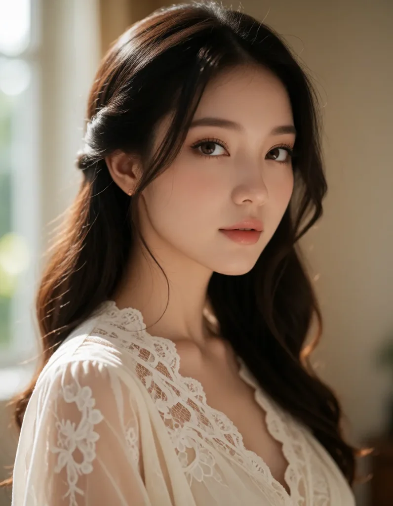 Portrait en gros plan d'une personne aux cheveux bruns lissés, vêtue d'une robe en dentelle blanche à motifs floraux, fond