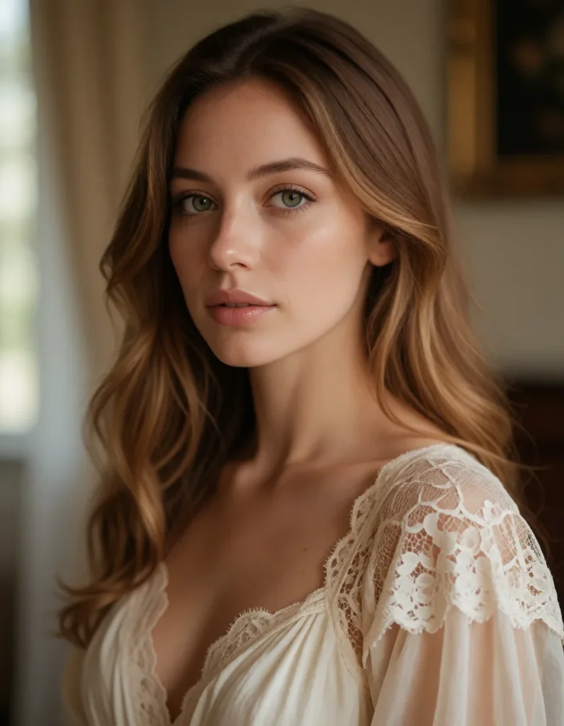 Jeune femme aux cheveux blonds ondulés vêtue d'une robe en dentelle crème à motifs floraux, pose devant un fond flou doré et