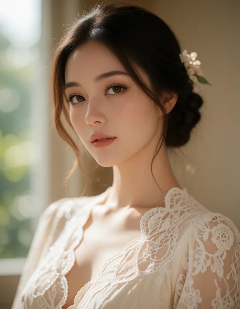 Jeune femme aux cheveux longs et bouclés vêtue d'une robe en dentelle blanche et orange, assise près d'une fenêtre avec des
