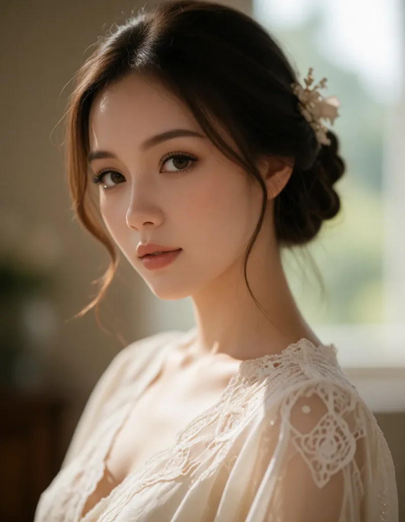 Jeune femme aux cheveux blonds ondulés, vêtue d'une robe en dentelle blanche à motifs floraux, fond flou et lumineux