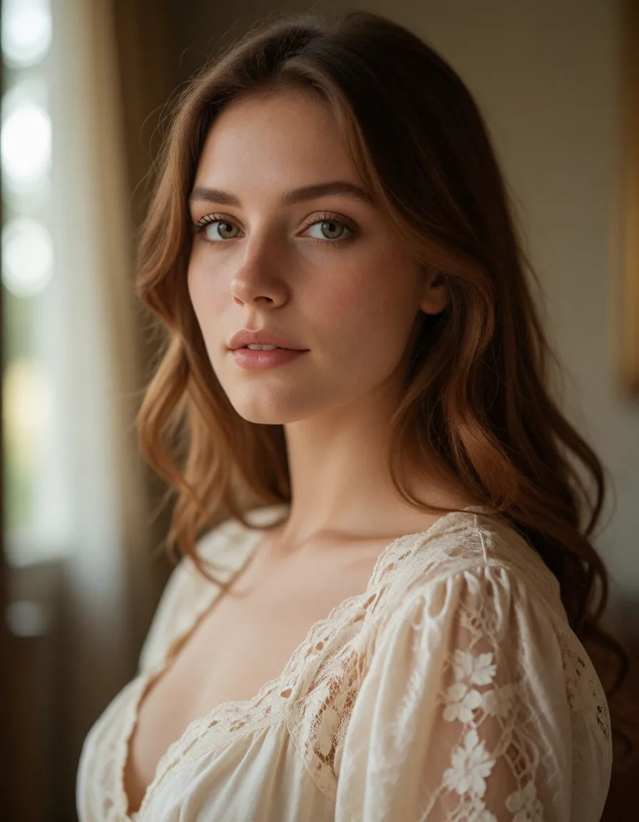 Jeune femme aux cheveux bruns ondulés vêtue d'une robe en dentelle blanche à motifs floraux, visage légèrement incliné