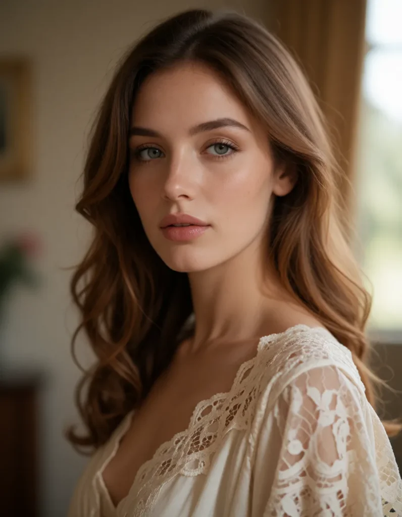 Jeune femme aux cheveux blonds bouclés vêtue d'une robe en dentelle ivoire à motifs floraux, pose devant un fond neutre