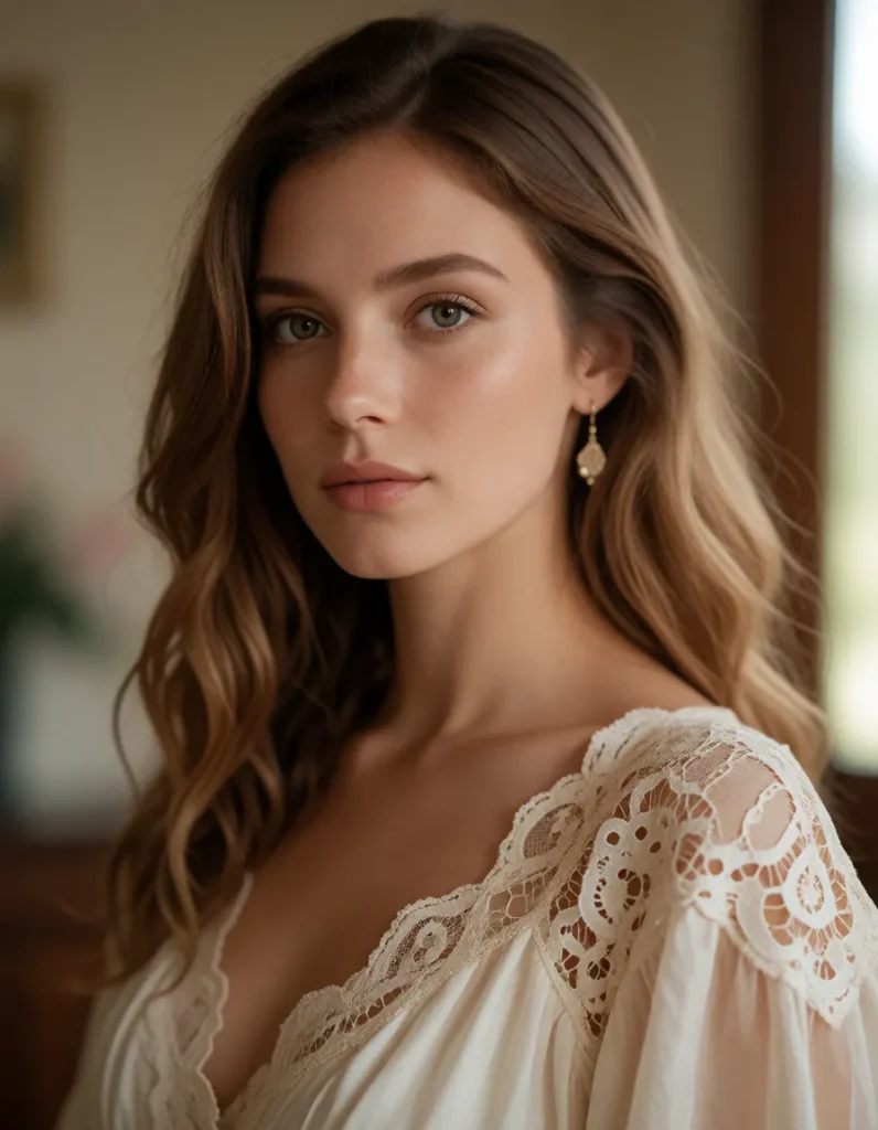 Jeune femme aux cheveux blonds ondulés vêtue d'une robe en dentelle ivoire, lumière douce et fond flou aux tons chauds