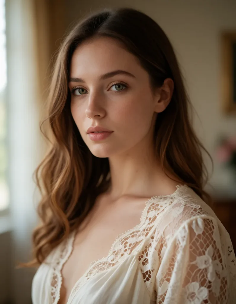 Jeune femme aux cheveux blonds ondulés vêtue d'une robe en dentelle ivoire à motifs floraux, lumière douce et fond flou aux