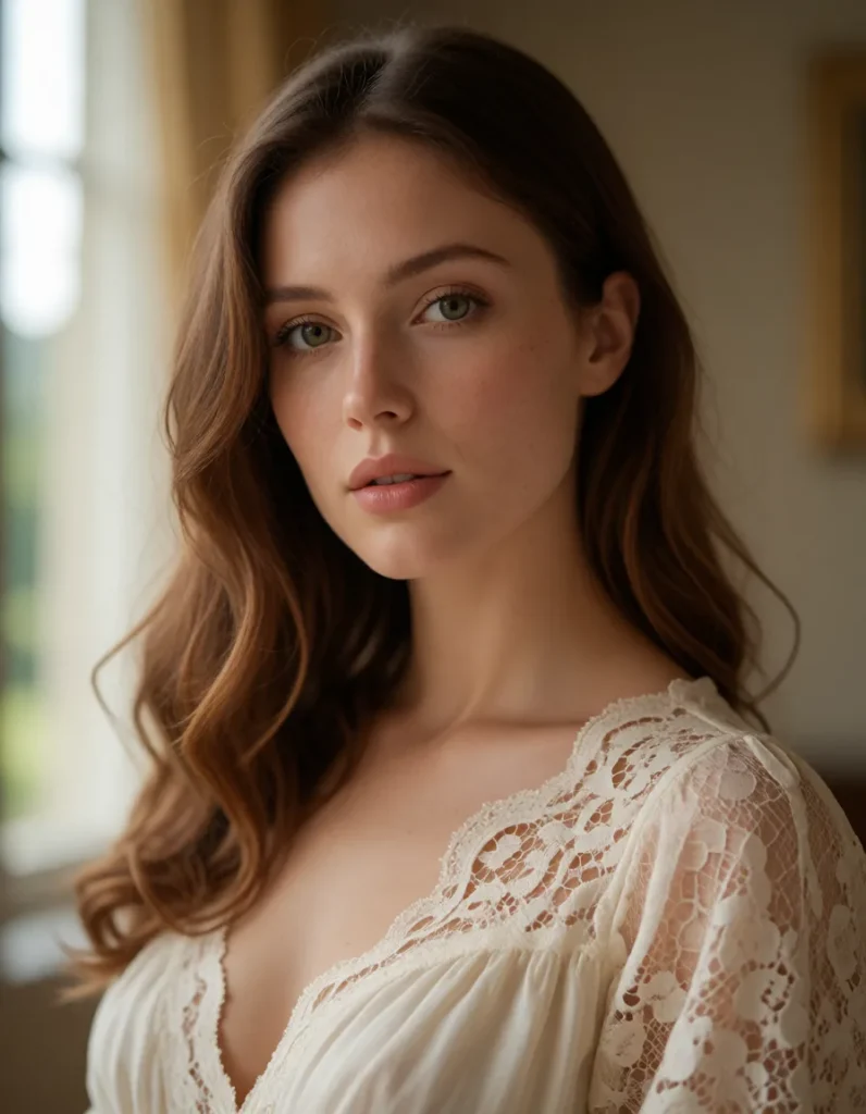 Jeune femme aux cheveux blonds ondulés vêtue d'une robe en dentelle ivoire à motifs floraux, lumière douce et fond flou aux