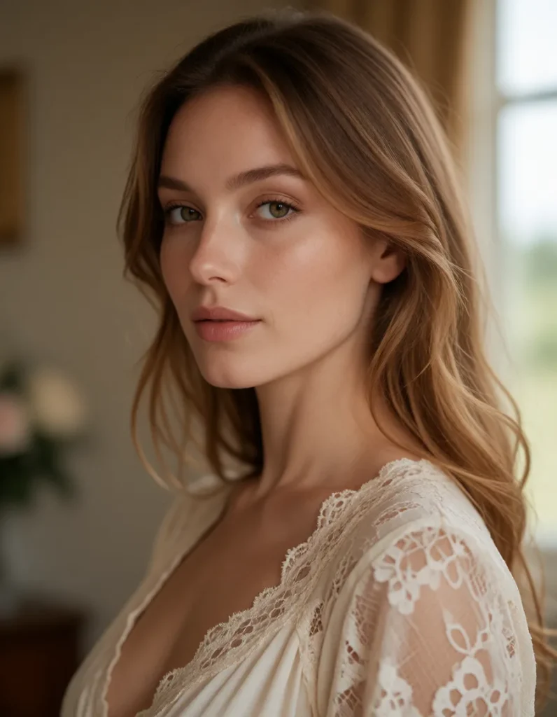 Jeune femme aux cheveux blonds ondulés vêtue d'une robe en dentelle ivoire, assise dans un intérieur aux tons chauds