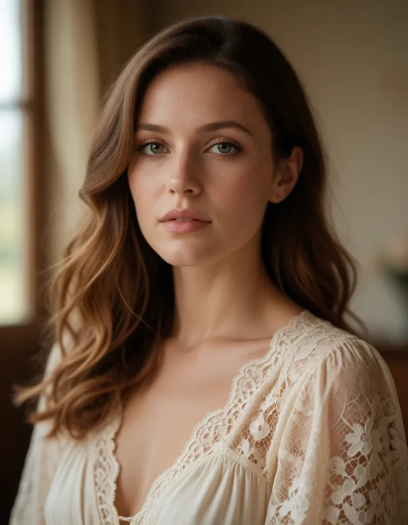 Jeune femme aux cheveux blonds ondulés vêtue d'une robe en dentelle ivoire à motifs floraux, lumière douce et fond flou aux