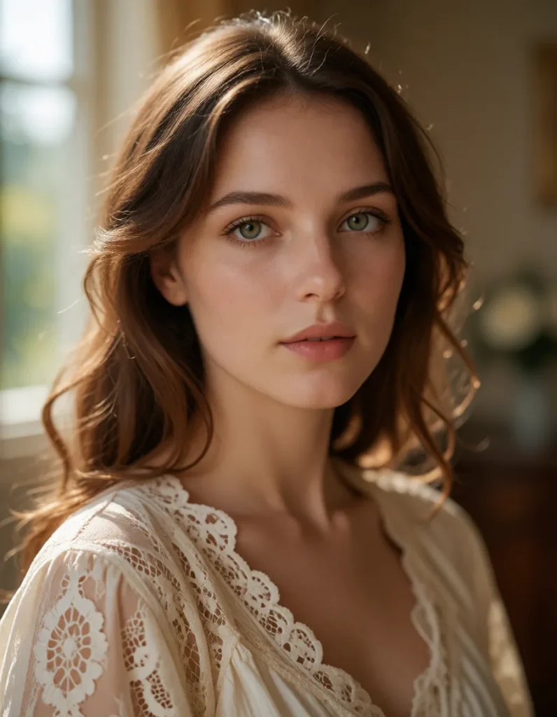 Jeune femme aux cheveux blonds ondulés vêtue d'une robe en dentelle crème à motifs floraux, pose devant un fond flou aux