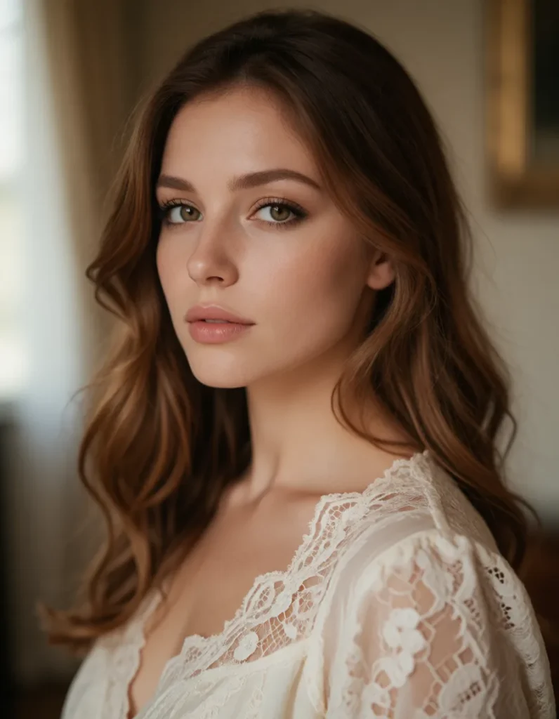 Portrait d'une jeune femme aux cheveux bruns bouclés vêtue d'une robe en dentelle blanche et rouge, lumière douce sur un