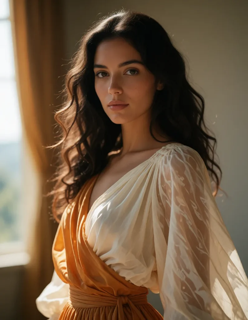 Femme aux cheveux bruns bouclés vêtue d'une robe en lin beige aux motifs ajourés, manches longues et ceinture nouée, dans un