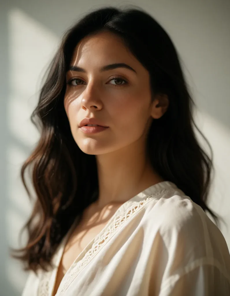 Portrait d'une femme aux cheveux bruns ondulés vêtue d'une robe en lin blanc, éclairée par une lumière douce et contrastée