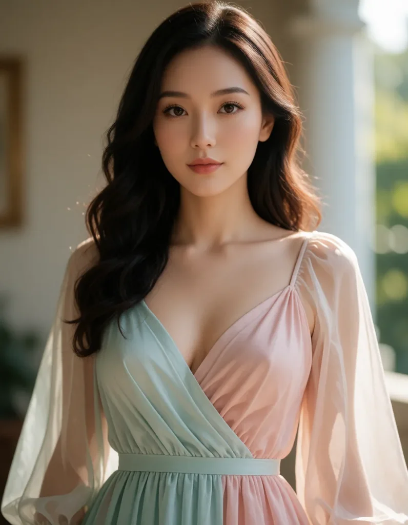Jeune femme aux cheveux bruns et bouclés vêtue d'une robe longue et fluide aux dégradés de rose et de vert pâle, dans un