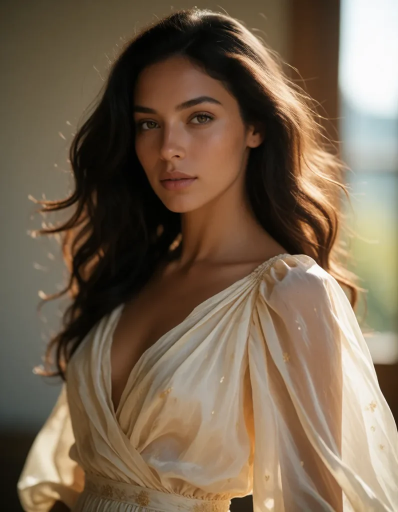 Jeune femme aux cheveux bruns et bouclés vêtue d'une robe longue en mousseline blanche, manches transparentes et ceinture
