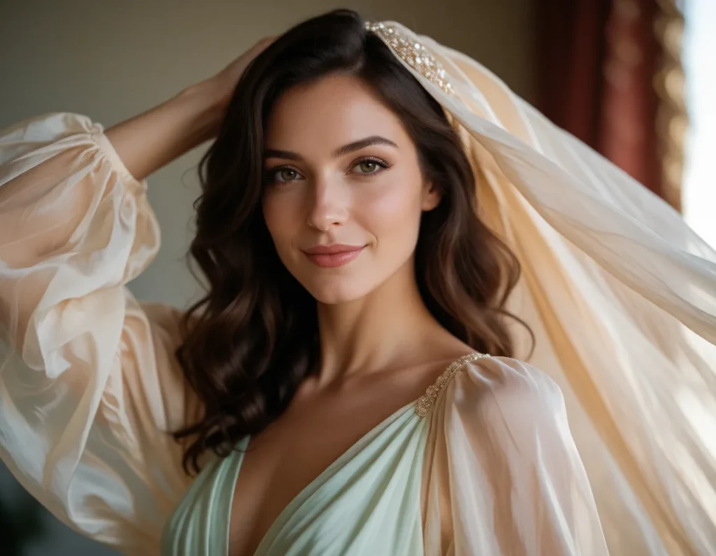 Jeune femme en robe longue verte aux manches bouffantes, coiffée d'un diadème argenté, tenant une ombrelle blanche dans un