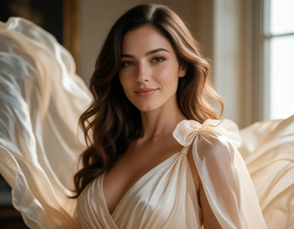 Jeune femme aux cheveux bruns ondulés vêtue d'une robe blanche fluide en mousseline, assise sur un canapé beige dans un