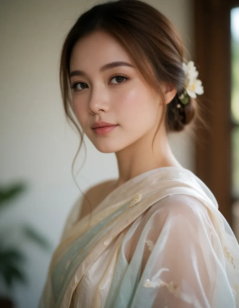 Jeune femme asiatique aux cheveux blonds mi-longs, vêtue d'une robe fluide en mousseline blanche et dorée, parée d'un