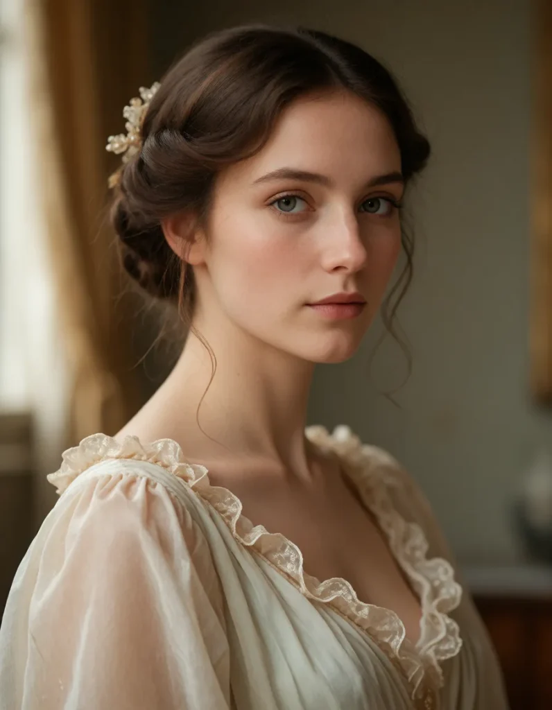 Femme aux cheveux bruns bouclés coiffés en chignon, robe en mousseline ivoire à motifs floraux brodés, collier de perles