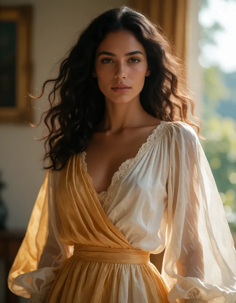 Jeune femme aux cheveux bruns bouclés vêtue d'une robe longue en mousseline dorée, manches évasées et ceinture dorée, assise