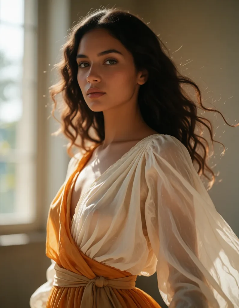 Jeune femme aux cheveux bouclés châtains vêtue d'une robe longue en mousseline dorée, manches évasées, dans un intérieur
