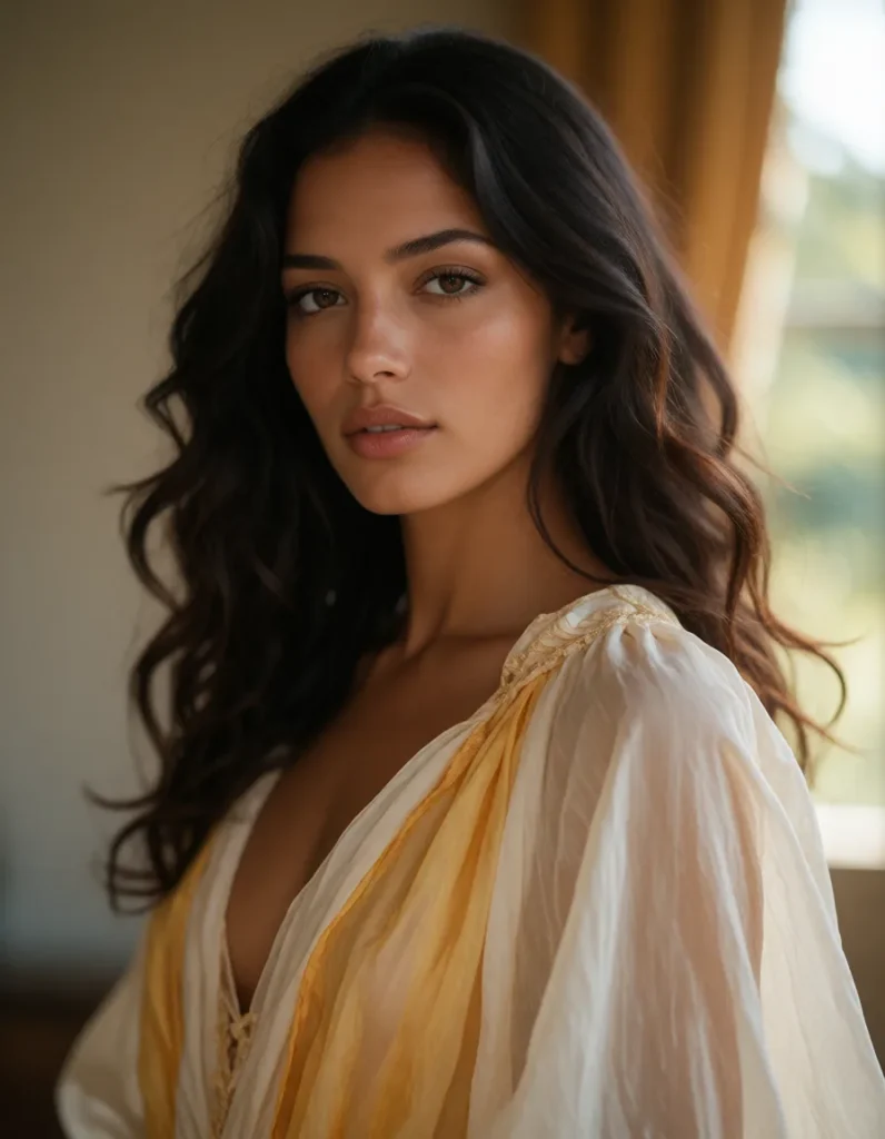 Portrait d'une femme aux cheveux bruns bouclés vêtue d'une robe longue en mousseline dorée, lumière douce et fond flou aux