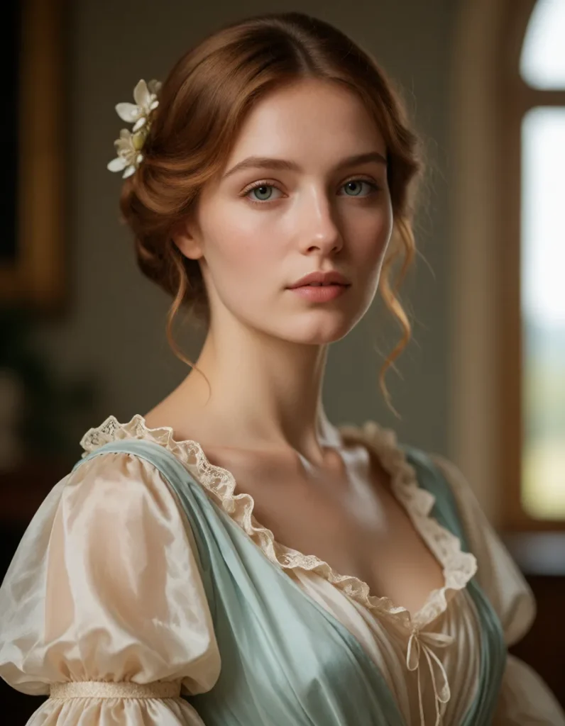 Jeune femme aux cheveux bouclés relevés en chignon, robe en mousseline ivoire à manches bouffantes et corsage brodé, collier