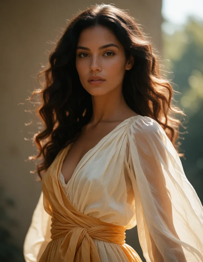 Femme aux cheveux bouclés auburn vêtue d’une robe longue en mousseline ivoire, manches bouffantes et ceinture dorée, dans un