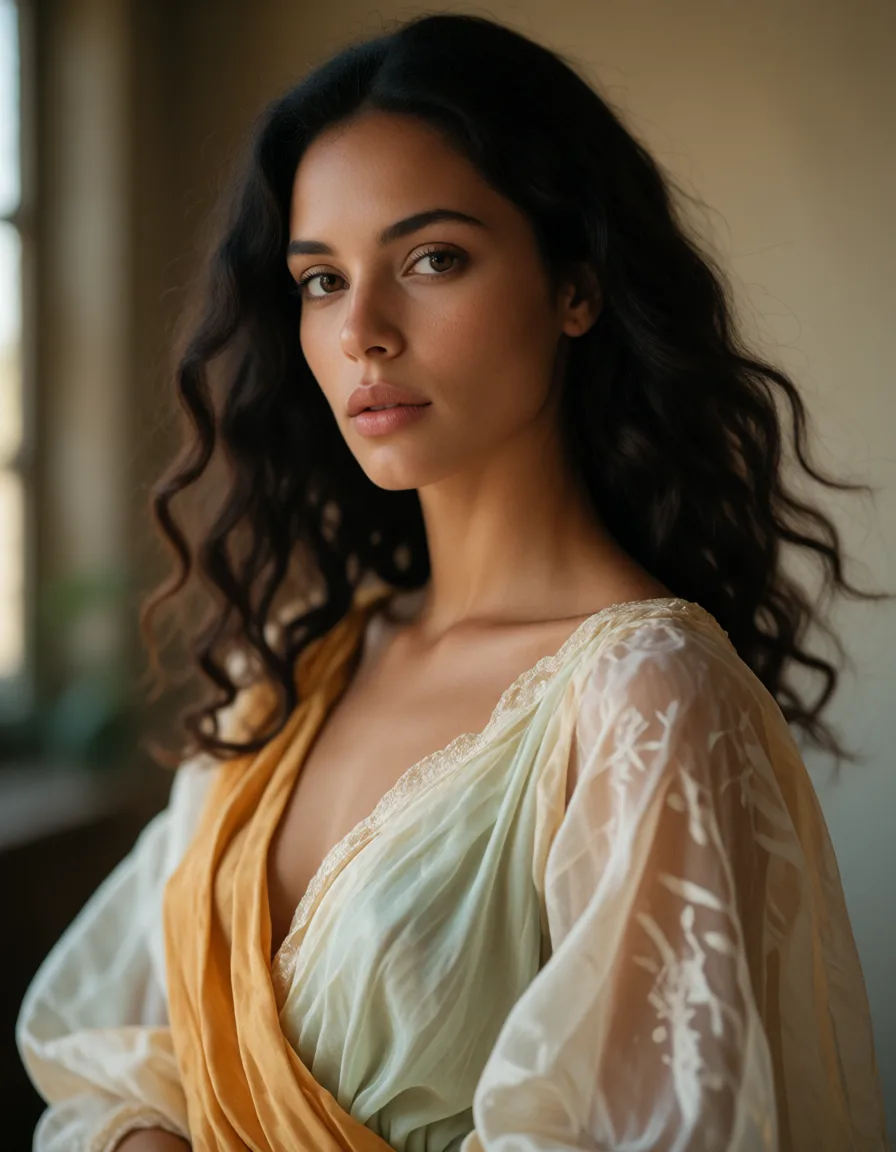 Jeune femme aux cheveux bruns bouclés vêtue d'une robe longue en mousseline verte pâle, manches bouffantes et décolleté