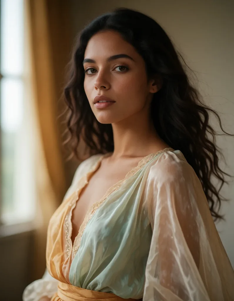 Jeune femme aux cheveux bruns ondulés vêtue d'une robe longue en mousseline vert pâle et blanc, assise dans un intérieur aux