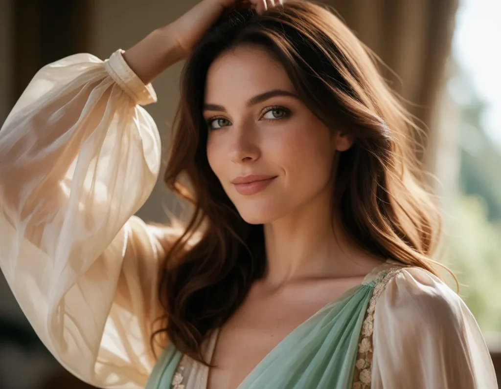 Jeune femme aux cheveux blonds et bouclés vêtue d'une robe longue en mousseline vert pâle, manches transparentes et col