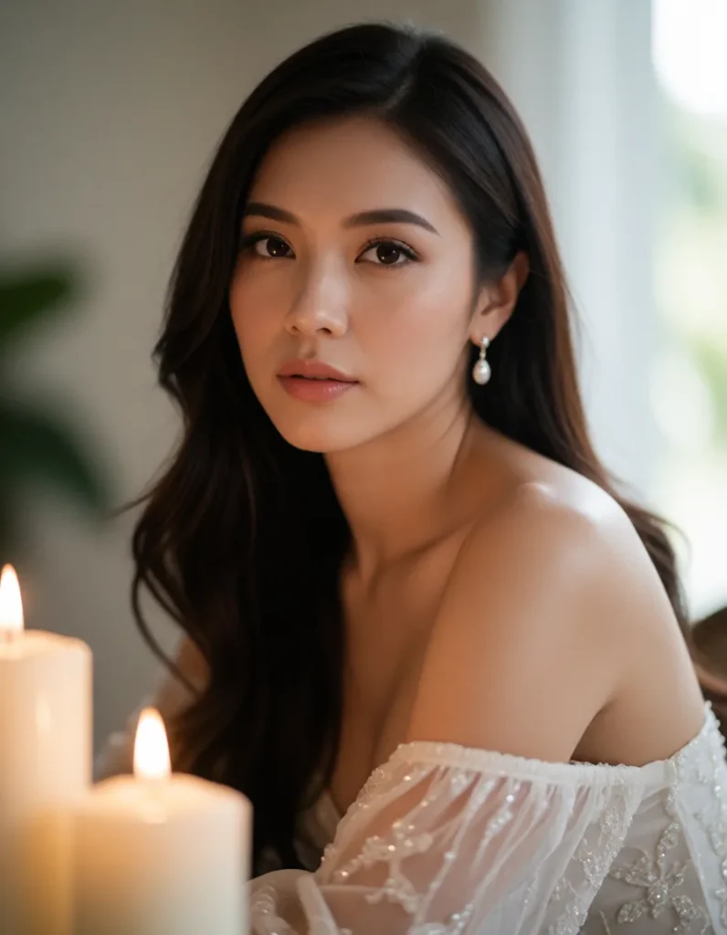 Jeune femme aux cheveux noirs lissés, robe bustier en satin rose pâle à motifs brodés, boucles d'oreilles dorées, assise