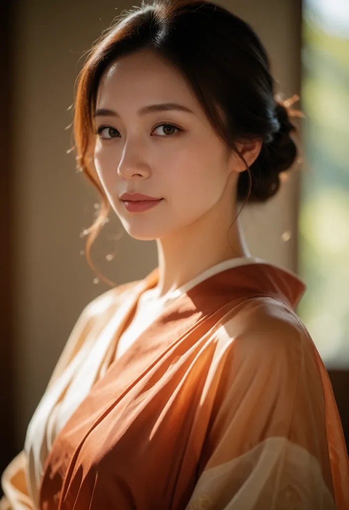 Portrait d'une femme aux cheveux noirs lissés, vêtue d'une robe en soie beige aux reflets dorés, posée devant un fond neutre