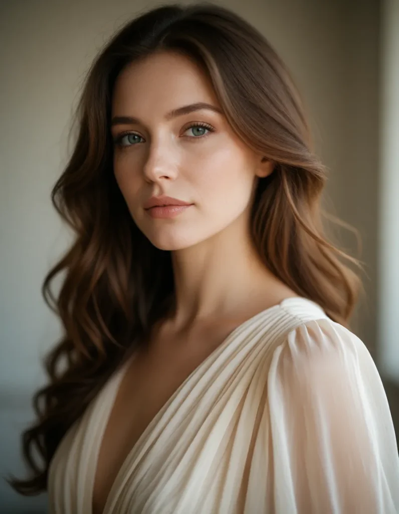 Jeune femme aux cheveux bruns mi-longs, vêtue d'une robe en soie blanche aux plis fluides, éclairée par une lumière douce et