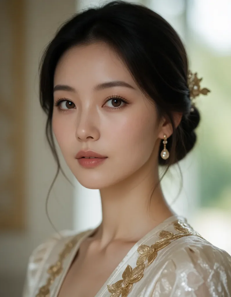 Jeune femme aux cheveux noirs lissés, portant une robe blanche à manches longues en soie, collier doré et boucles d'oreilles