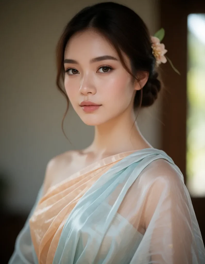 Jeune femme aux cheveux noirs lissés, vêtue d'une robe en soie bleu pâle à motifs géométriques, assise près d'une fenêtre