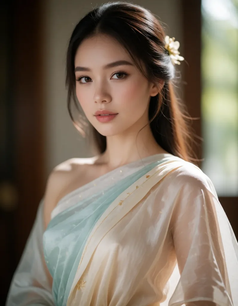 Jeune femme aux cheveux blonds ondulés vêtue d'une robe fluide en soie bleu pâle, tenant une fleur blanche à la main, sous