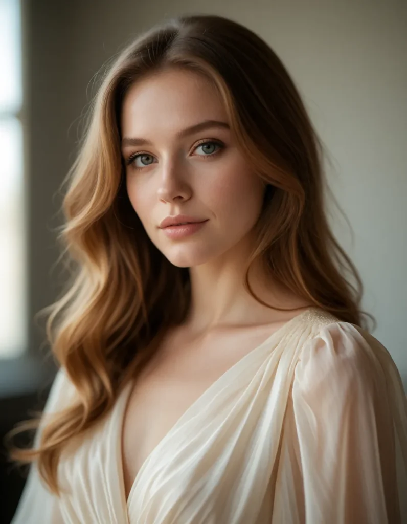 Portrait d'une femme aux cheveux blonds ondulés vêtue d'une robe en soie blanche, lumière douce et floue en arrière-plan.