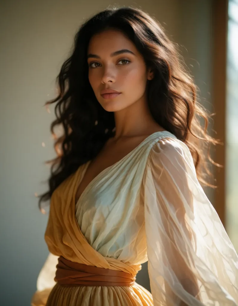 Portrait d'une femme aux cheveux bruns ondulés vêtue d'une robe longue en soie aux reflets dorés, dans une lumière douce et