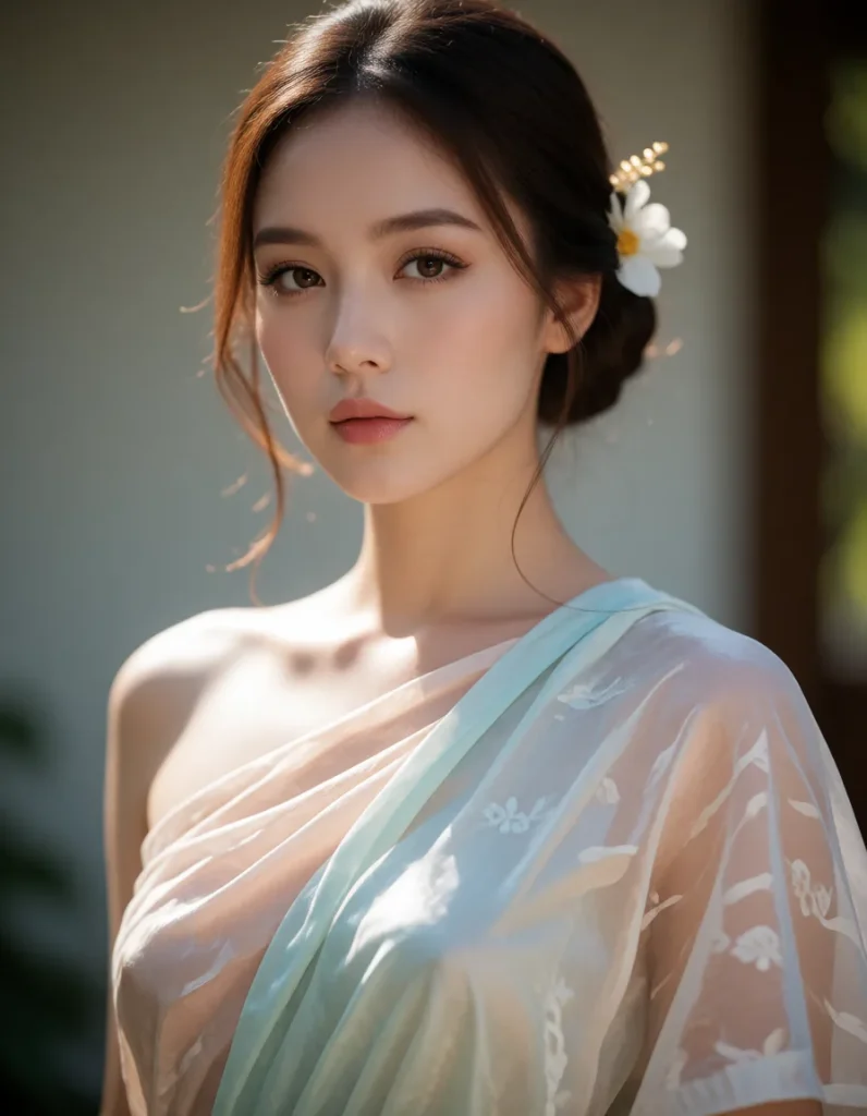 Jeune femme asiatique aux cheveux lissés, vêtue d'une robe en soie ivoire et bleu pâle aux motifs floraux, dans un intérieur