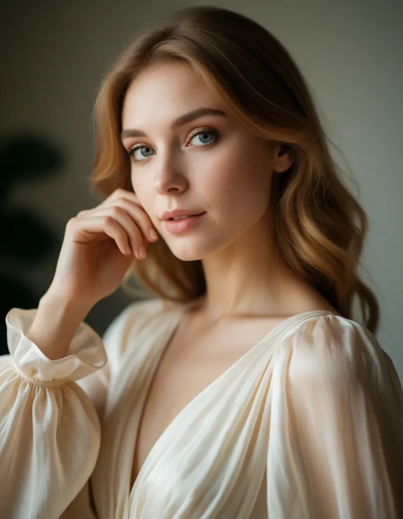 Jeune femme aux cheveux blonds ondulés vêtue d'une robe en soie ivoire, mains posées sur les épaules, lumière douce et fond