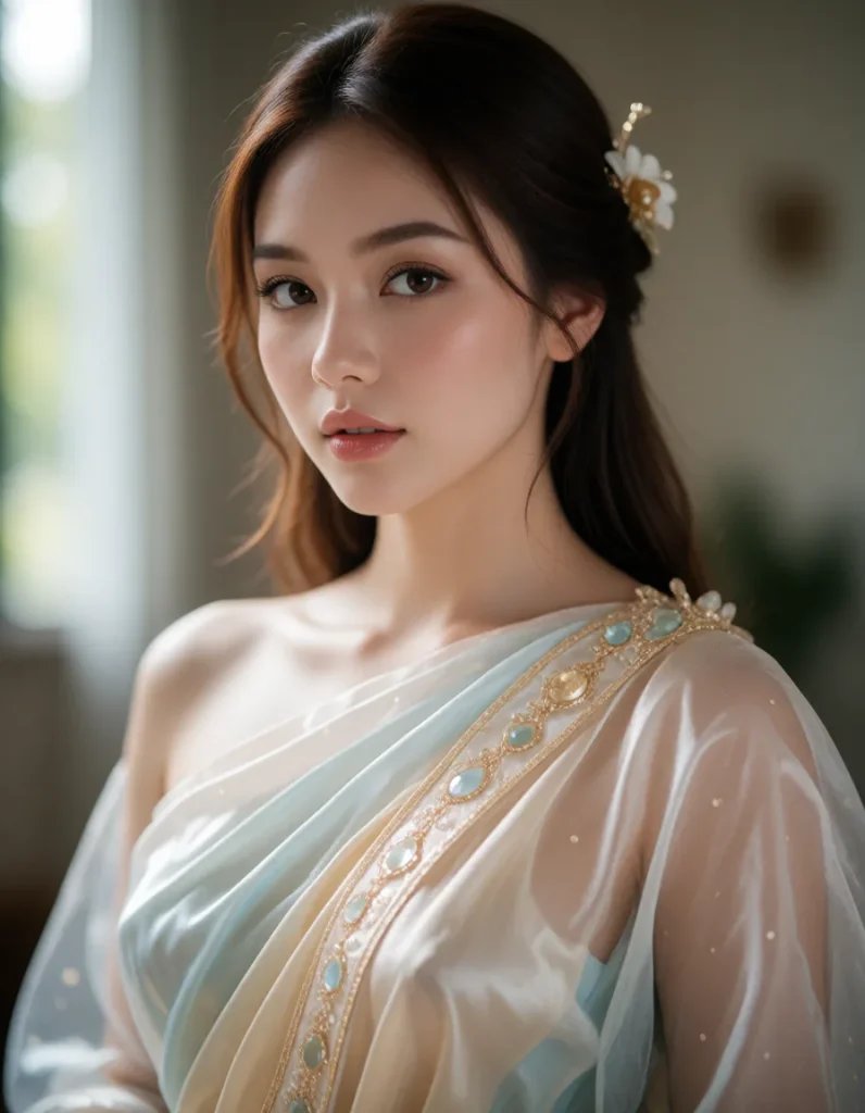 Portrait d'une femme aux cheveux longs et ondulés vêtue d'une robe vaporeuse en soie ivoire, parée de bijoux dorés et de