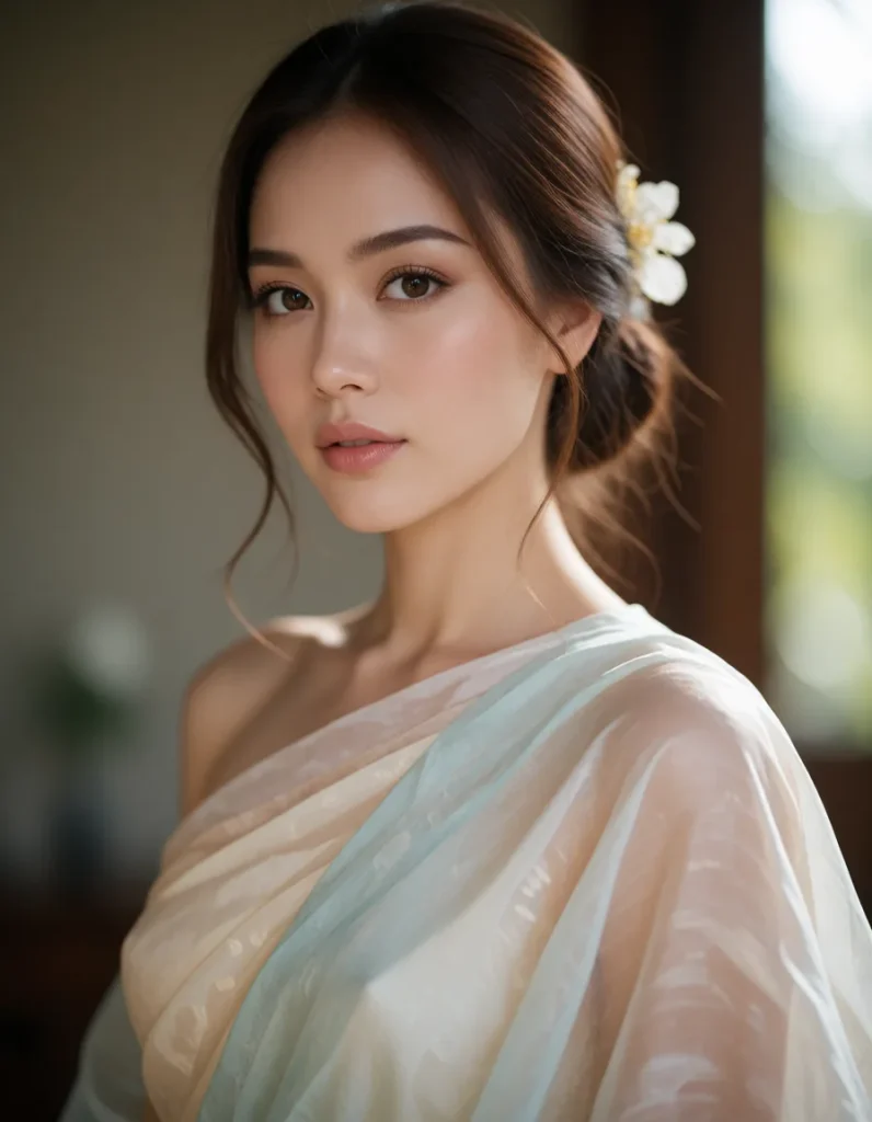 Jeune femme asiatique aux cheveux longs et lisses, vêtue d'une robe en soie ivoire aux reflets nacrés, coiffée d'une