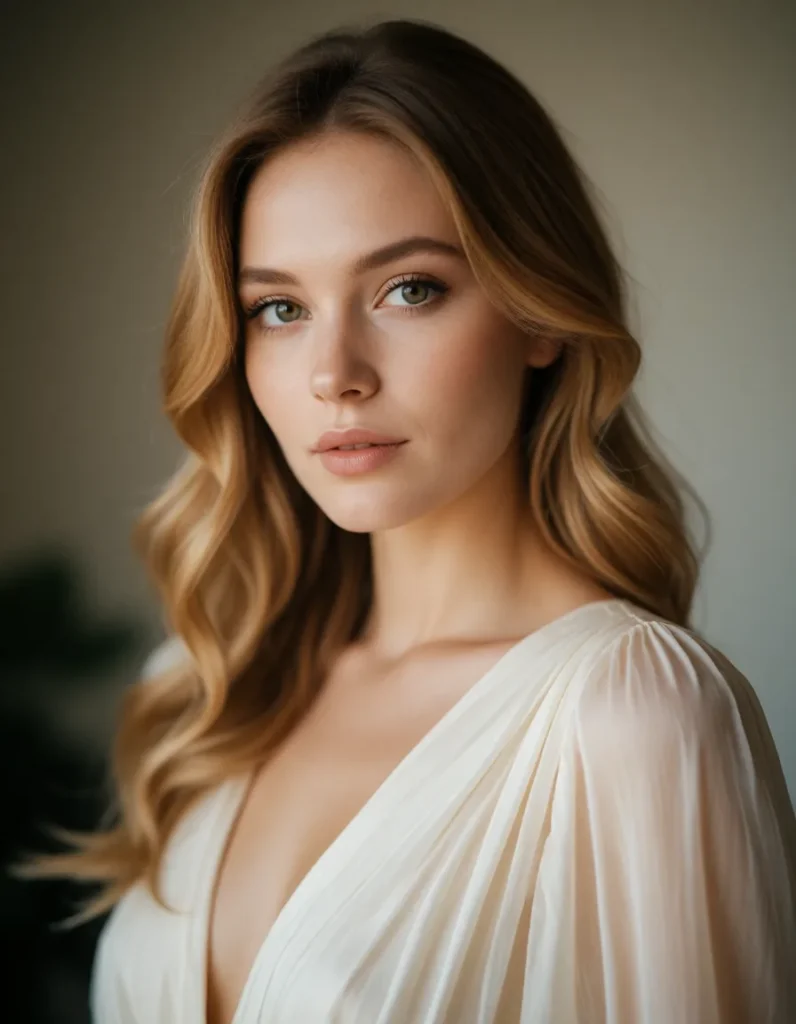 Jeune femme aux cheveux blonds ondulés vêtue d'une robe en soie ivoire, lumière douce et floue en arrière-plan, portrait