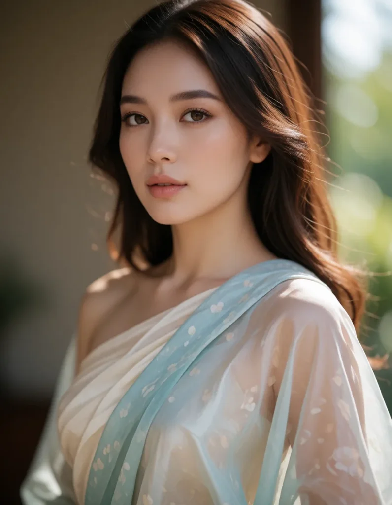 Jeune femme aux cheveux bruns ondulés vêtue d'une robe en soie bleu pâle à motifs floraux, posant dans un intérieur aux tons