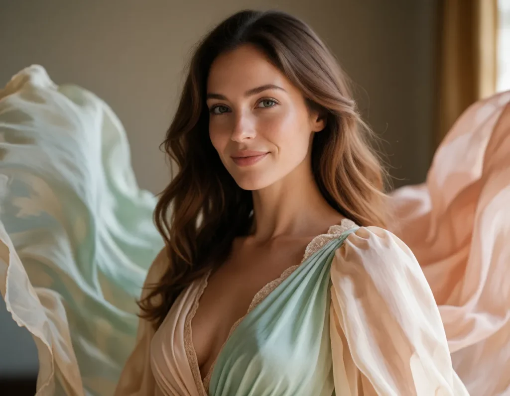 Jeune femme aux cheveux bruns ondulés, vêtue d'une robe longue en soie vert pâle aux reflets nacrés, tenant un éventail