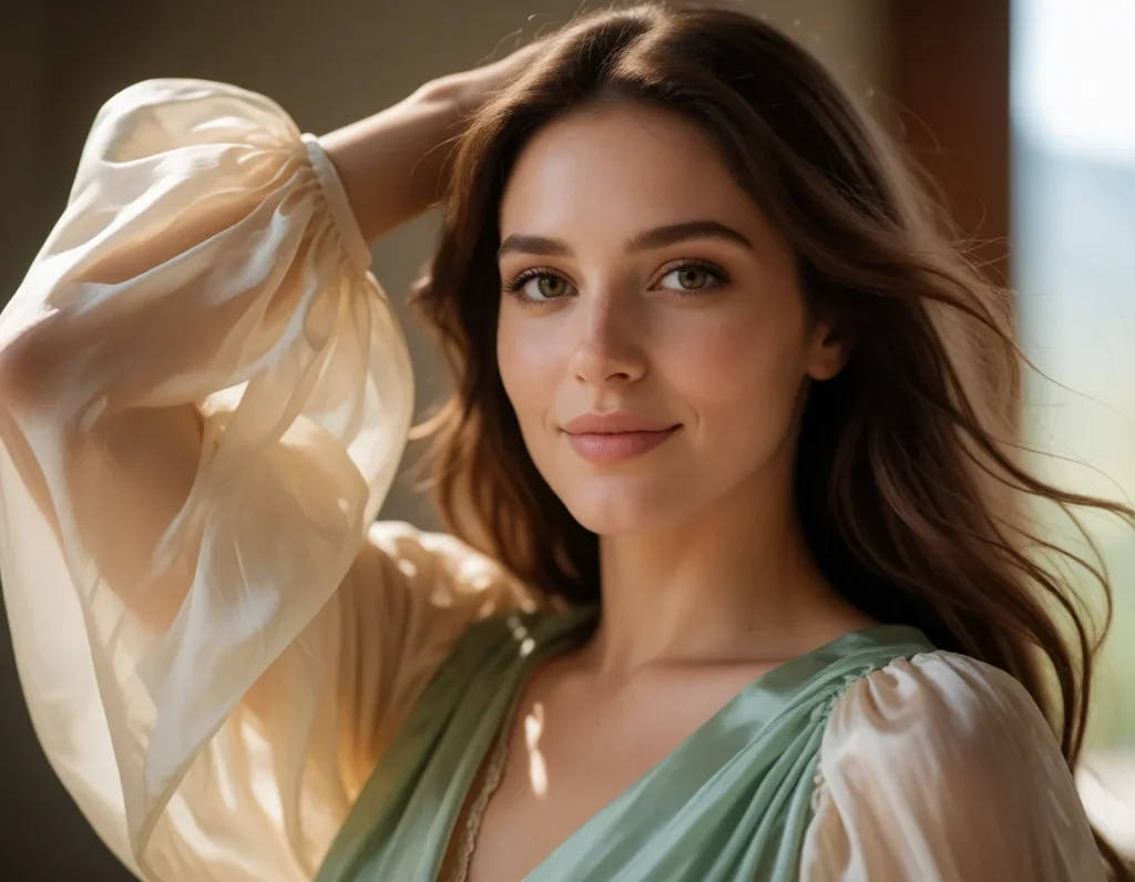 Femme aux cheveux blonds ondulés vêtue d'une robe verte fluide aux manches transparentes, tenant un chapeau de paille à
